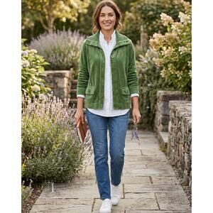 Charter Club PL Petite Green Velour Shacket Ribbed Funnel Neck Button Up Jacket